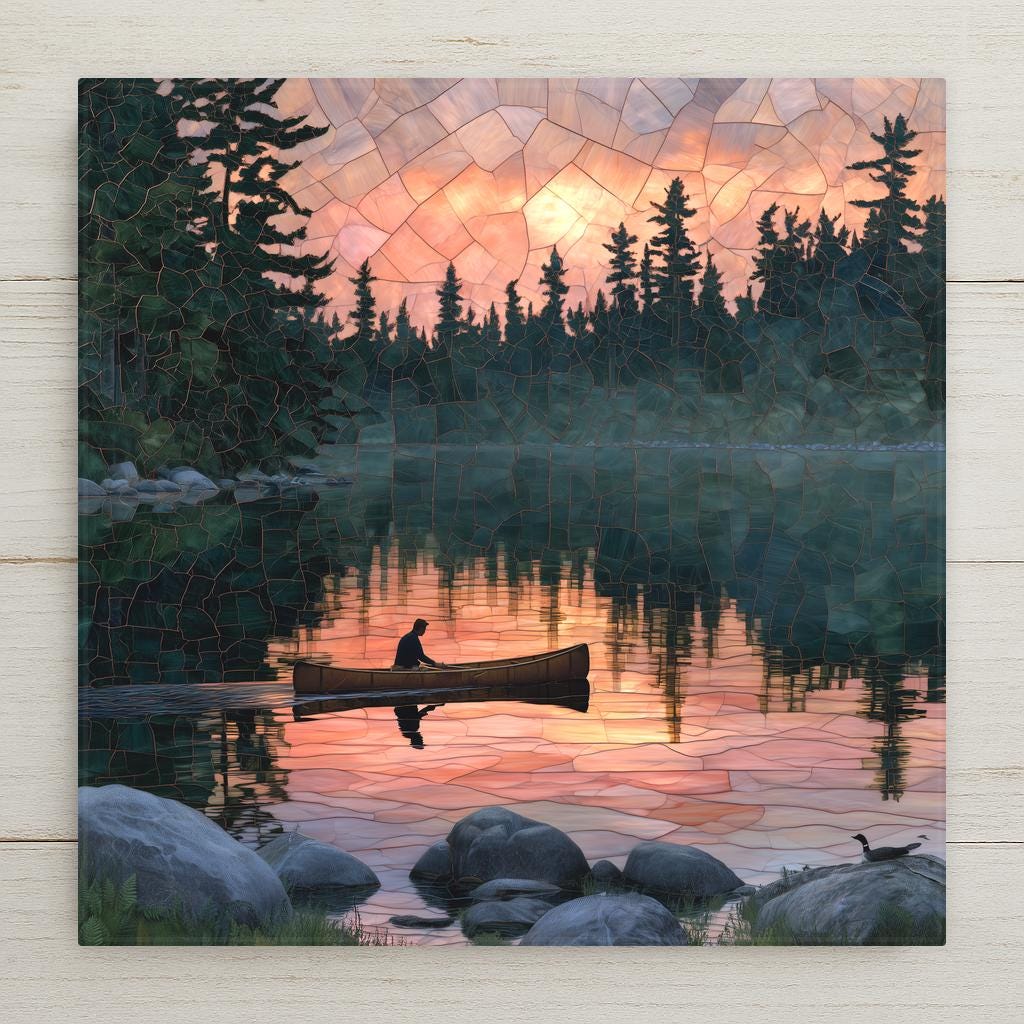 Stained glass style ceramic art tile of a lone canoeist on a mirror-calm boundary waters lake at dusk, pine silhouettes, mosaic sky and water in rose and peach, a loon resting on the rocks