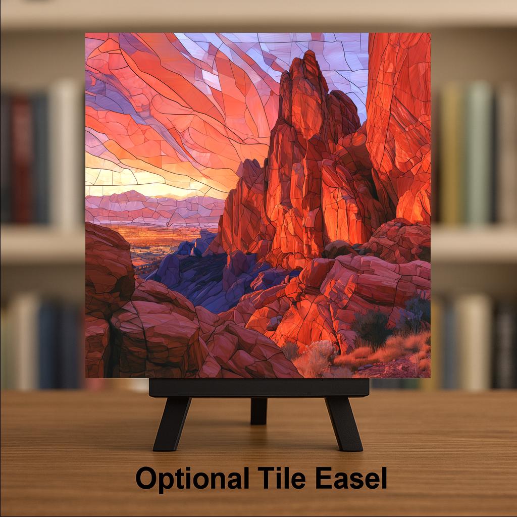Red Rocks Wall Art Ceramic Tile Stained Glass Style Colorado Sunrise Canyon Sandstone Mountain Decor Western Nature Art