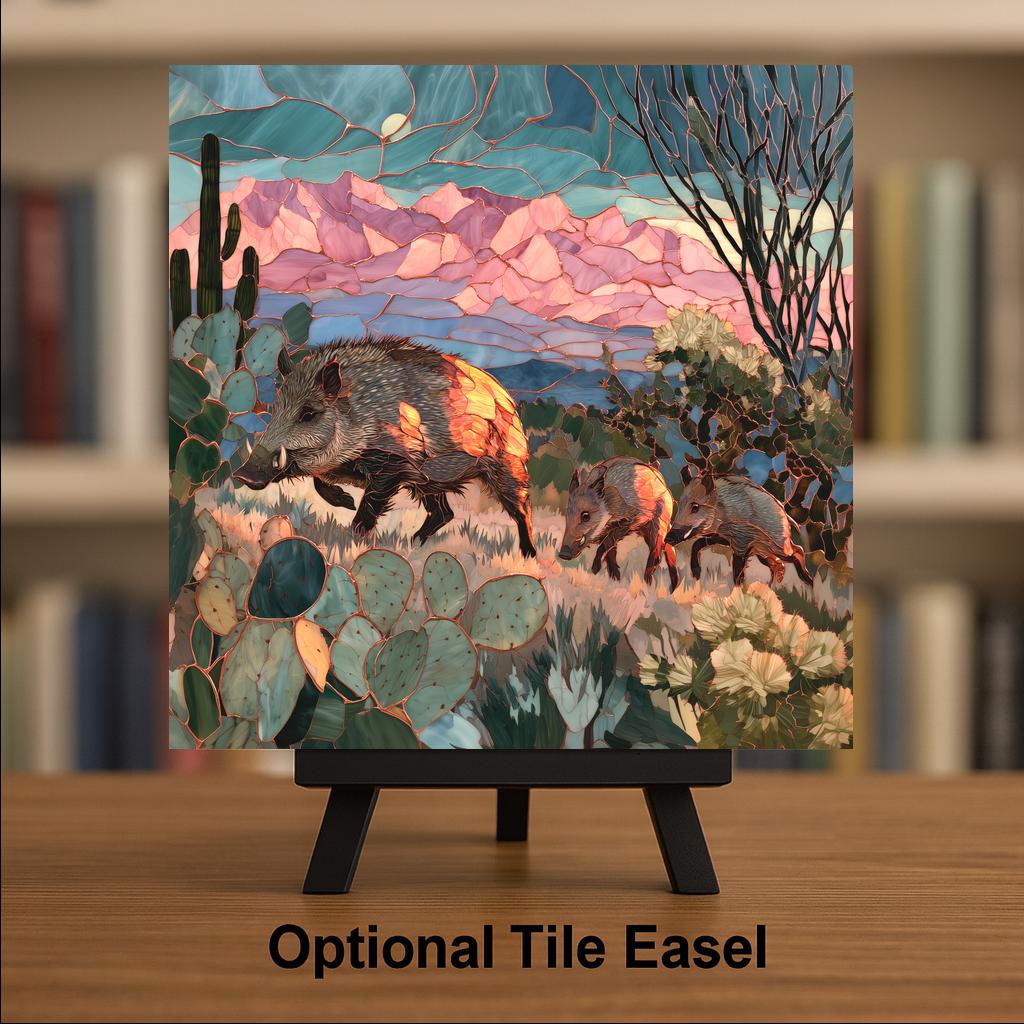 Javelina Wall Art Ceramic Tile Southwestern Wall Art Desert Wildlife Stained Glass Style Arizona Sonoran Nature Art