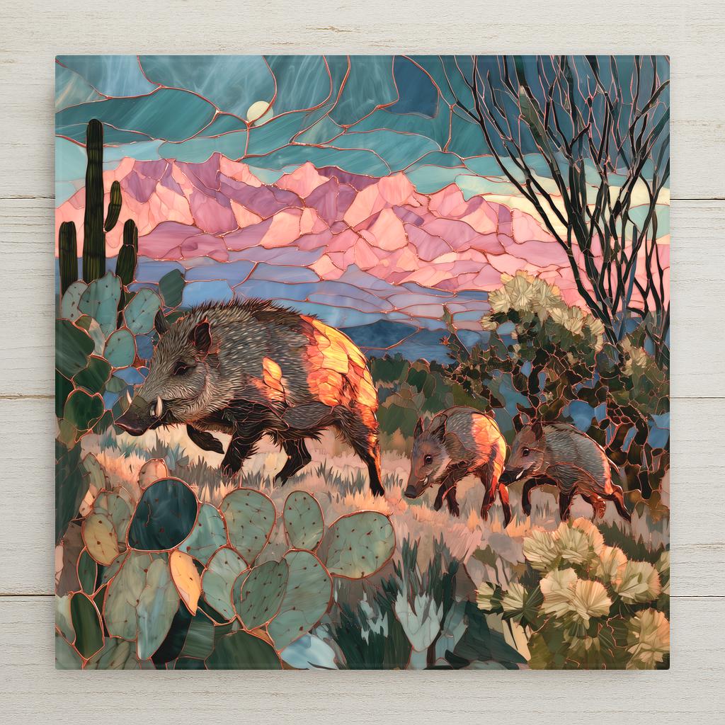 Stained glass style ceramic art tile of a javelina mother and two young trotting through sonoran desert prickly pear and cholla under a rising moon and pink mountain sunset