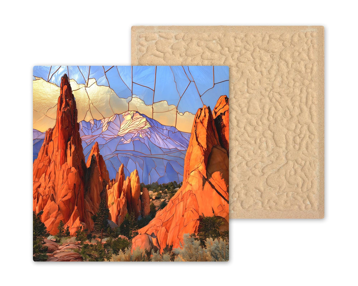 Pikes Peak Wall Art Ceramic Tile Stained Glass Style Garden of the Gods Colorado Red Rock Spires Mountain Nature Art