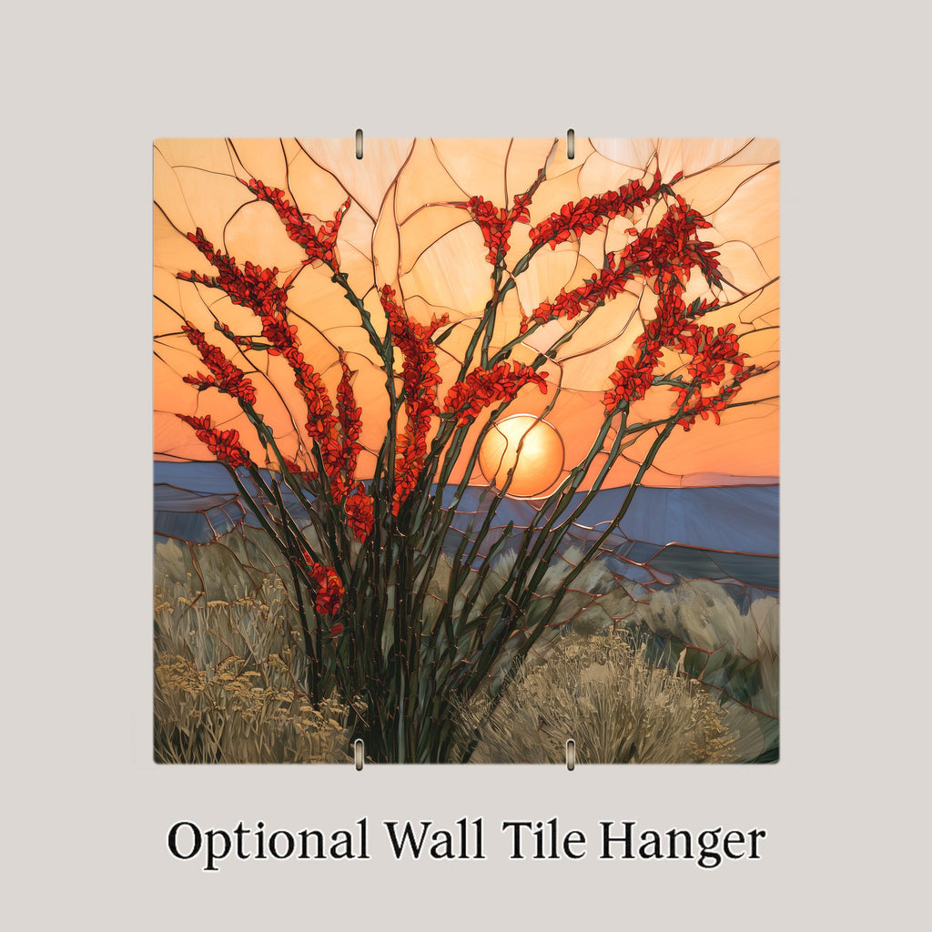 Ocotillo Wall Art Ceramic Tile Southwestern Wall Art Desert Sunset Red Bloom Stained Glass Style Arizona Nature Art
