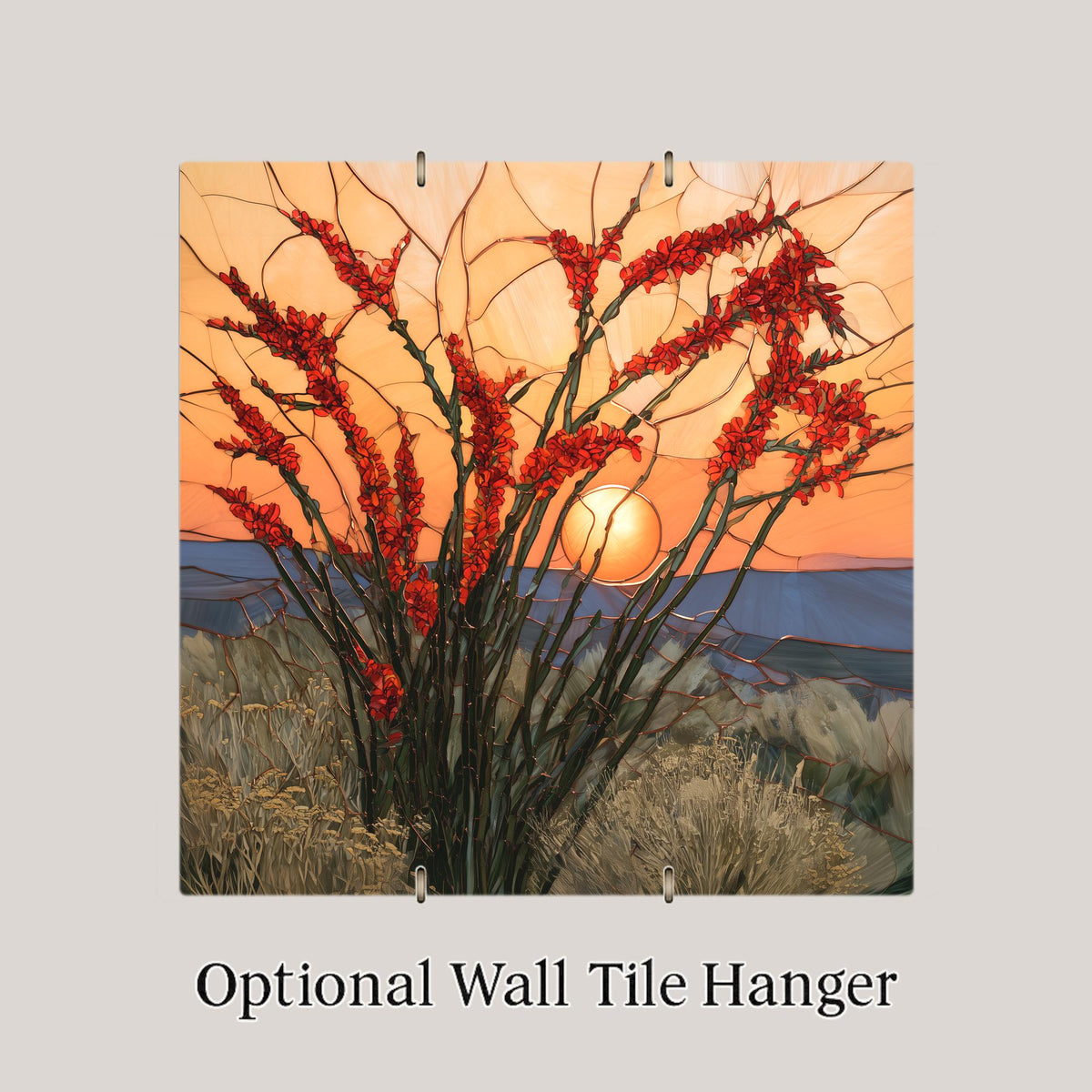 Ocotillo Wall Art Ceramic Tile Southwestern Wall Art Desert Sunset Red Bloom Stained Glass Style Arizona Nature Art