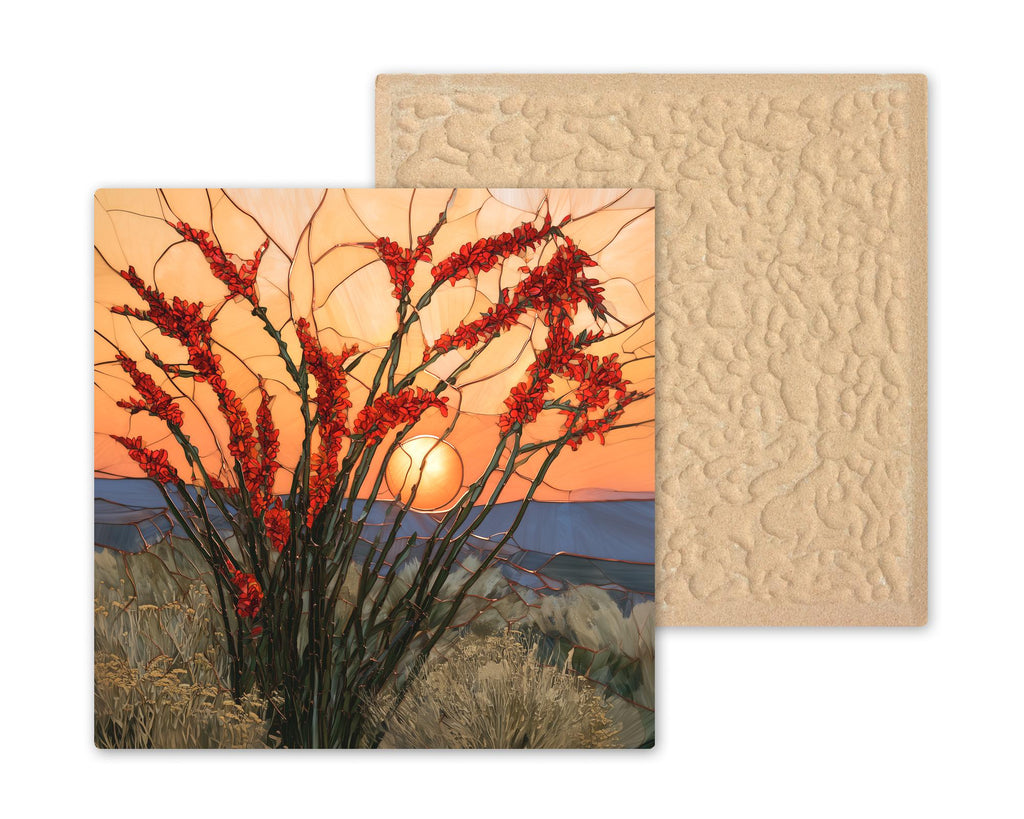 Ocotillo Wall Art Ceramic Tile Southwestern Wall Art Desert Sunset Red Bloom Stained Glass Style Arizona Nature Art