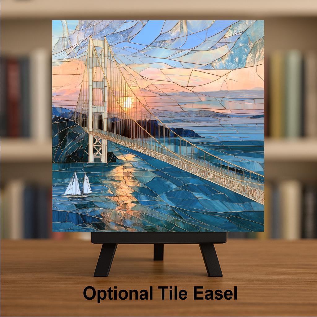 Mackinac Bridge Wall Art Ceramic Tile Stained Glass Style Michigan Great Lakes Sunset Sailboat Lake House Nature Art