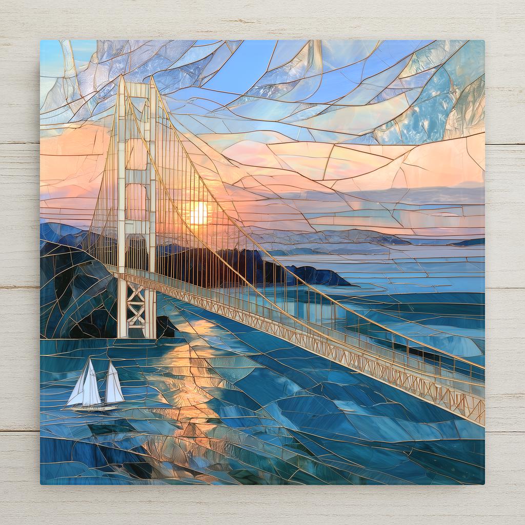 Stained glass style ceramic art tile of the mackinac bridge spanning blue great lakes water at sunset, cream towers and golden cables, a sailboat below and pastel mosaic sky