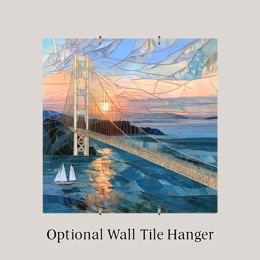 Mackinac Bridge Wall Art Ceramic Tile Stained Glass Style Michigan Great Lakes Sunset Sailboat Lake House Nature Art