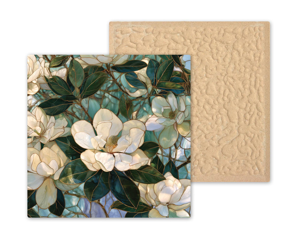 Magnolia Wall Art Ceramic Tile Stained Glass Style Southern Magnolia Tree White Flower Mississippi State Bloom Nature Art