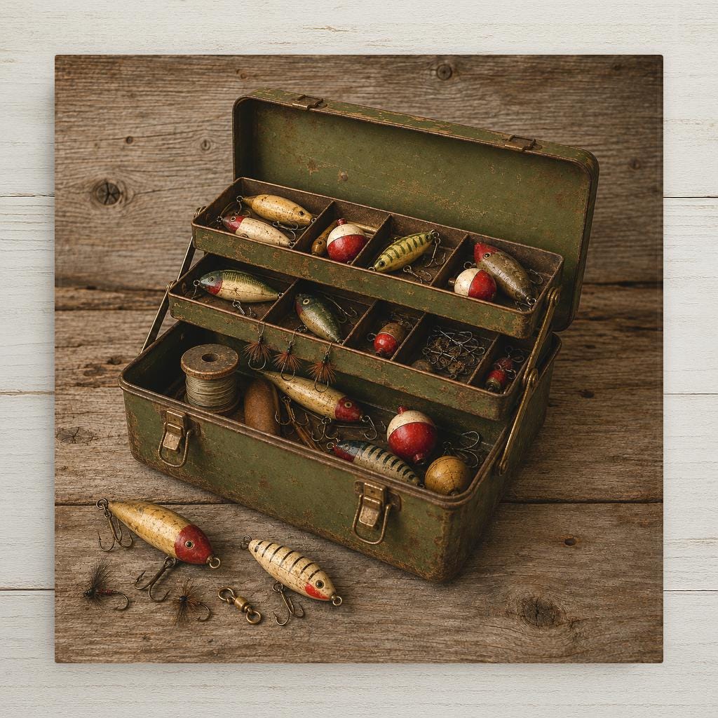 Vintage tackle box ceramic tile art showing an antique green metal fishing tackle box with open cantilever trays full of old painted lures, bobbers, tied flies and hooks on weathered barnwood