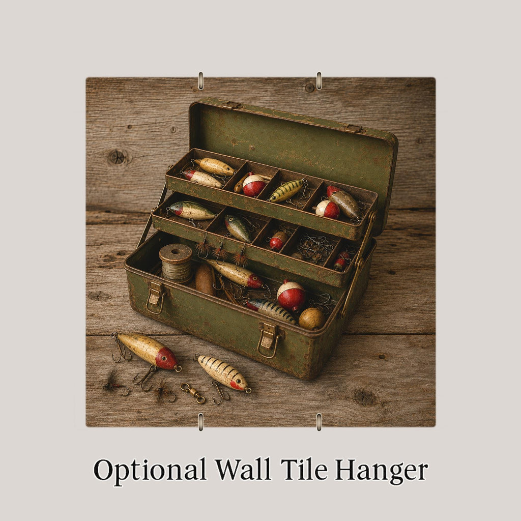 Vintage Tackle Box Ceramic Tile Wall Art Fly Fishing Cabin Decor Antique Lures Lake House Art Rustic Lodge Fisherman Decor