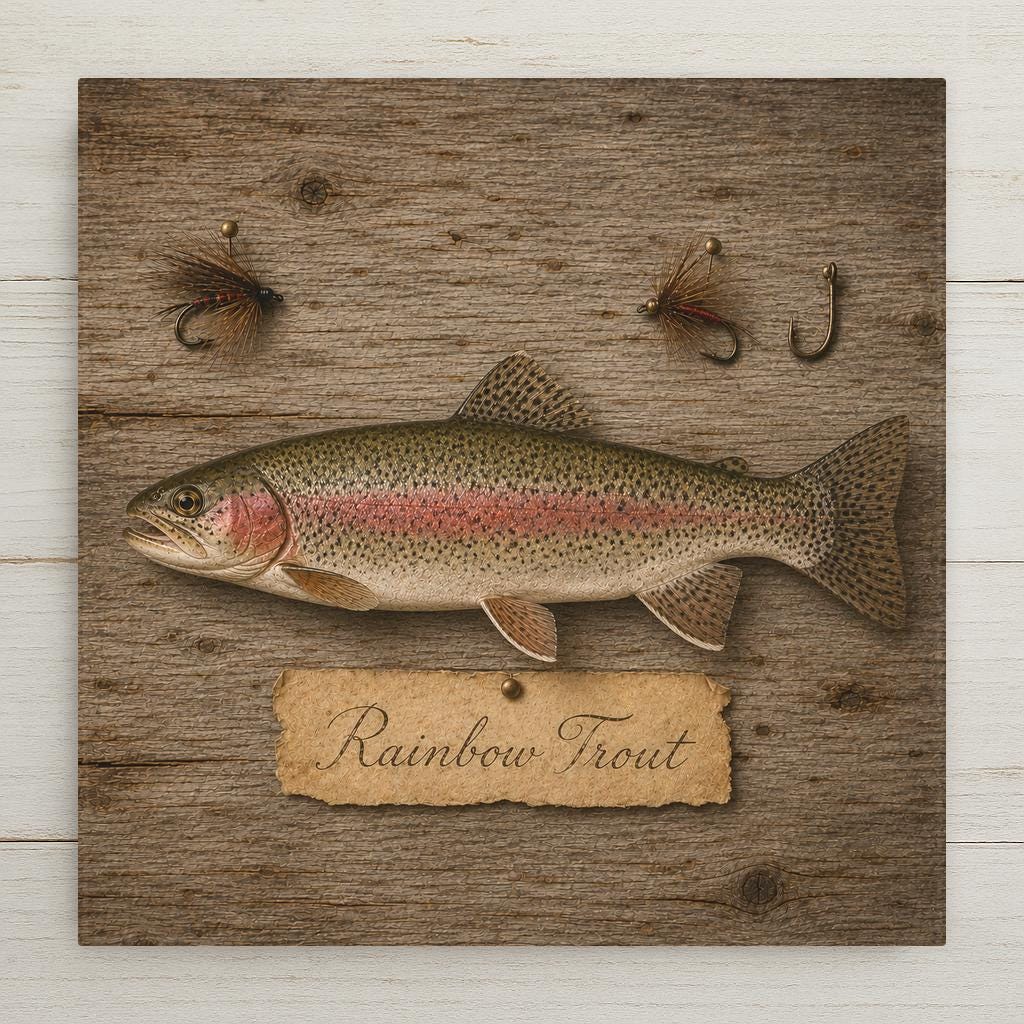 Rainbow trout ceramic tile art in vintage specimen plate style with a hand-painted-style rainbow trout, tied fly fishing flies and an aged paper name label on weathered barnwood