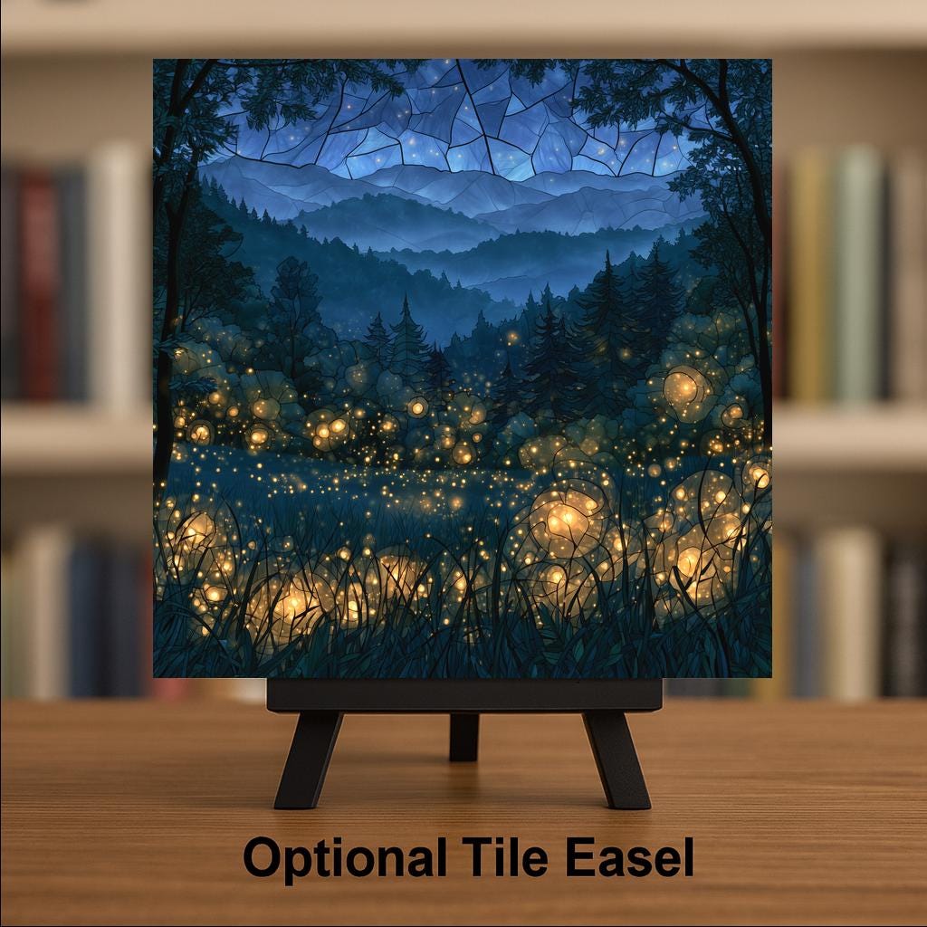 Firefly Ceramic Tile Wall Art Smoky Mountains Summer Night Meadow Stained Glass Style Cabin Decor Magical Nature Wall Art