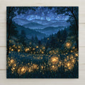 Firefly ceramic tile art in stained glass style showing glowing amber fireflies over a dark summer meadow with misty Smoky Mountain ridgelines under an indigo twilight sky