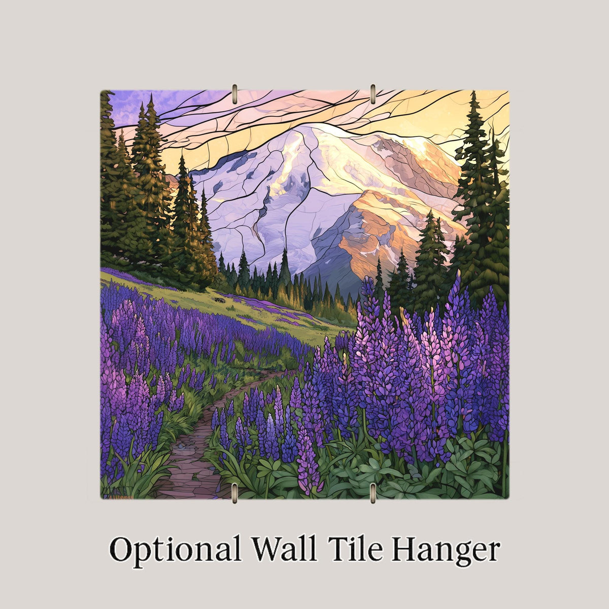 Mount Rainier Lupine Ceramic Tile Wall Art Pacific Northwest Art Stained Glass Style Mountain Meadow Purple Flower Decor