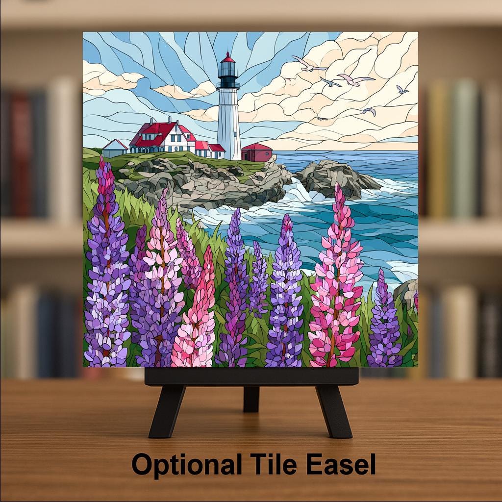 Maine Coast Lupine Ceramic Tile Wall Art Lighthouse Decor Acadia National Park Art Stained Glass Style Coastal Flower Art