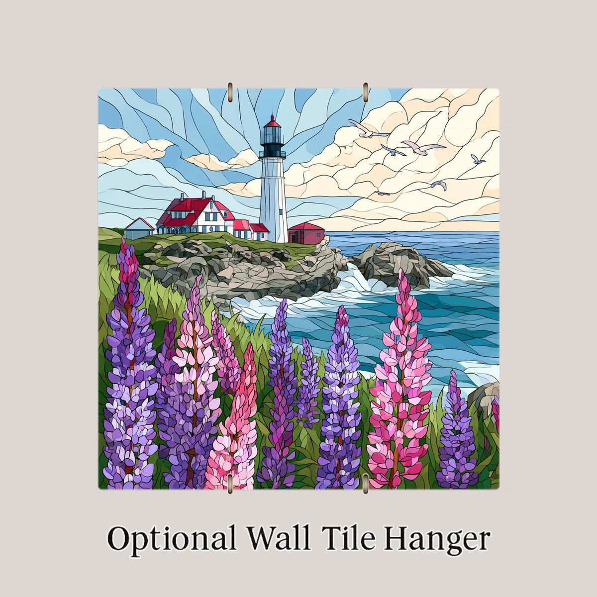 Maine Coast Lupine Ceramic Tile Wall Art Lighthouse Decor Acadia National Park Art Stained Glass Style Coastal Flower Art