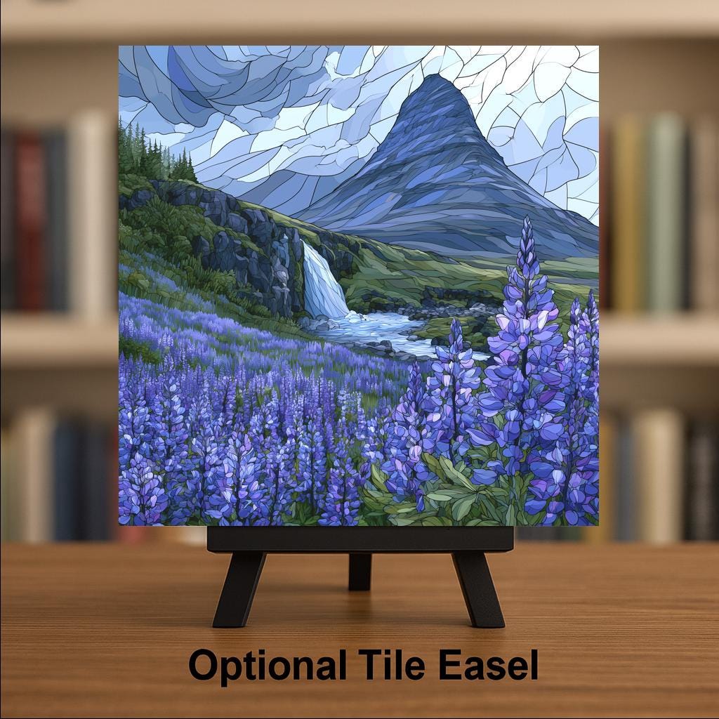 Iceland Lupine Ceramic Tile Wall Art Purple Flower Field Stained Glass Style Nordic Decor Travel Wall Art Scandinavian Style