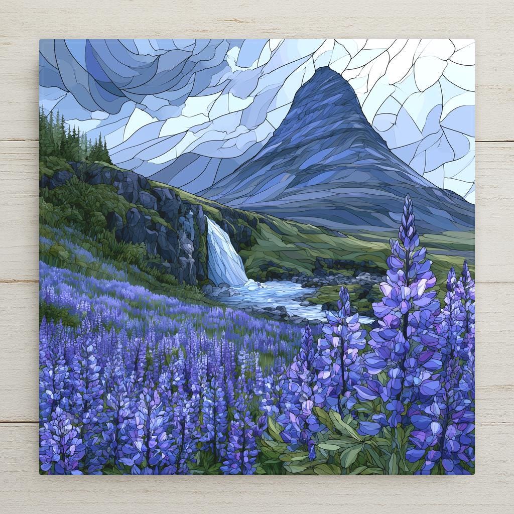 Iceland lupine ceramic tile art in stained glass style with a steep Nordic peak, waterfall and stream above a sweeping field of purple arctic lupine under a silver-blue sky