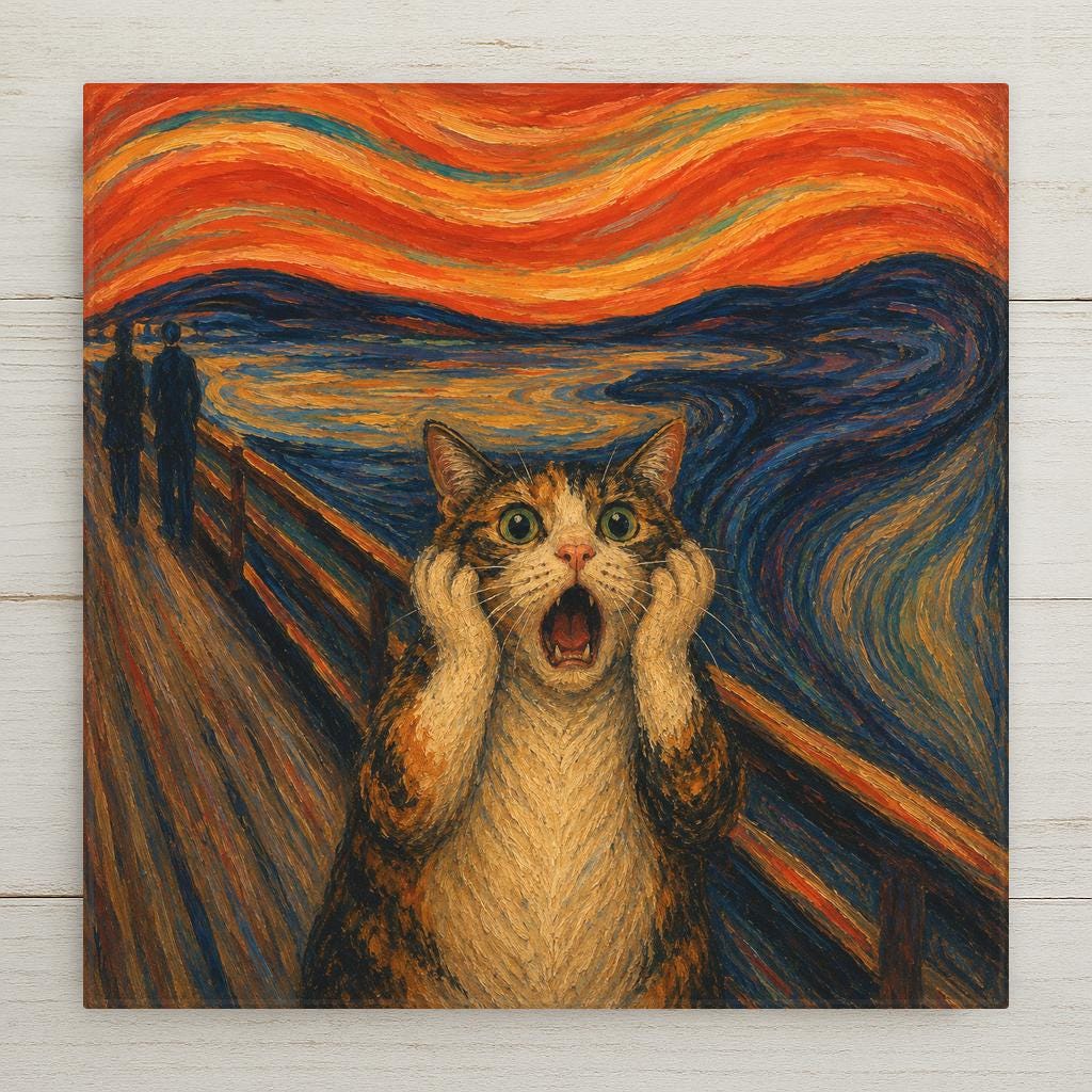 Funny parody of a famous expressionist painting showing a plump tabby cat on a bridge, paws on cheeks, screaming beneath a swirling orange and red sunset sky