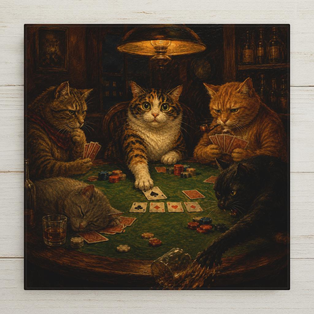 Funny parody of the famous dogs playing poker painting showing five cats around a card table under lamplight, a plump cat sliding an ace across the felt while another sleeps on the discards