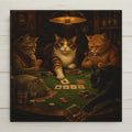 Funny parody of the famous dogs playing poker painting showing five cats around a card table under lamplight, a plump cat sliding an ace across the felt while another sleeps on the discards