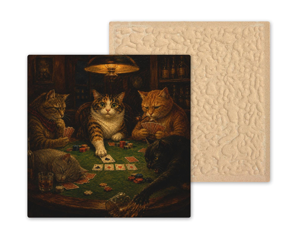 Cats Playing Poker Ceramic Tile Wall Art Famous Painting Parody Funny Cat Card Table Game Room Wall Decor