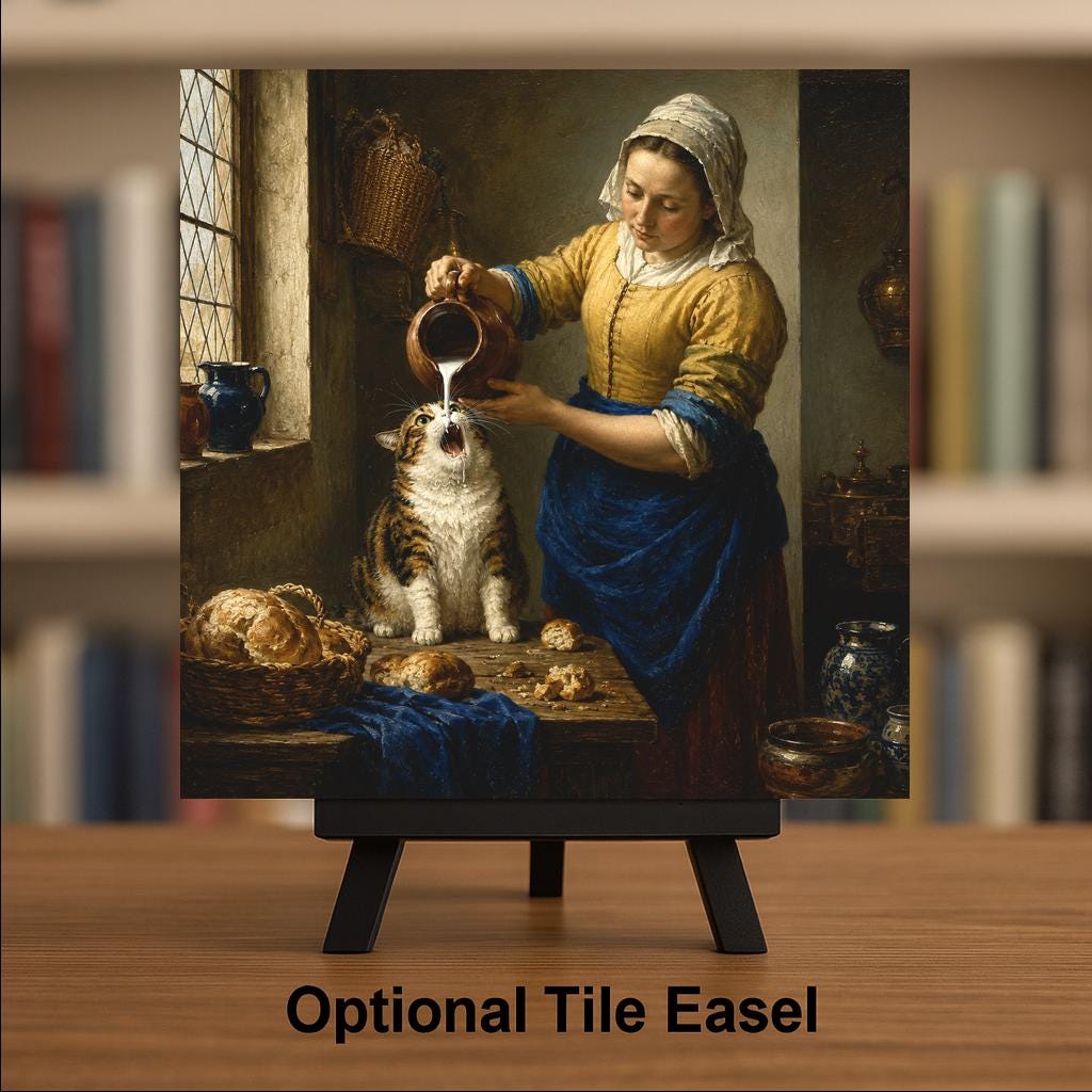 Cat Milkmaid Ceramic Tile Wall Art Famous Painting Parody Funny Kitchen Cat Dutch Golden Age Style Decor