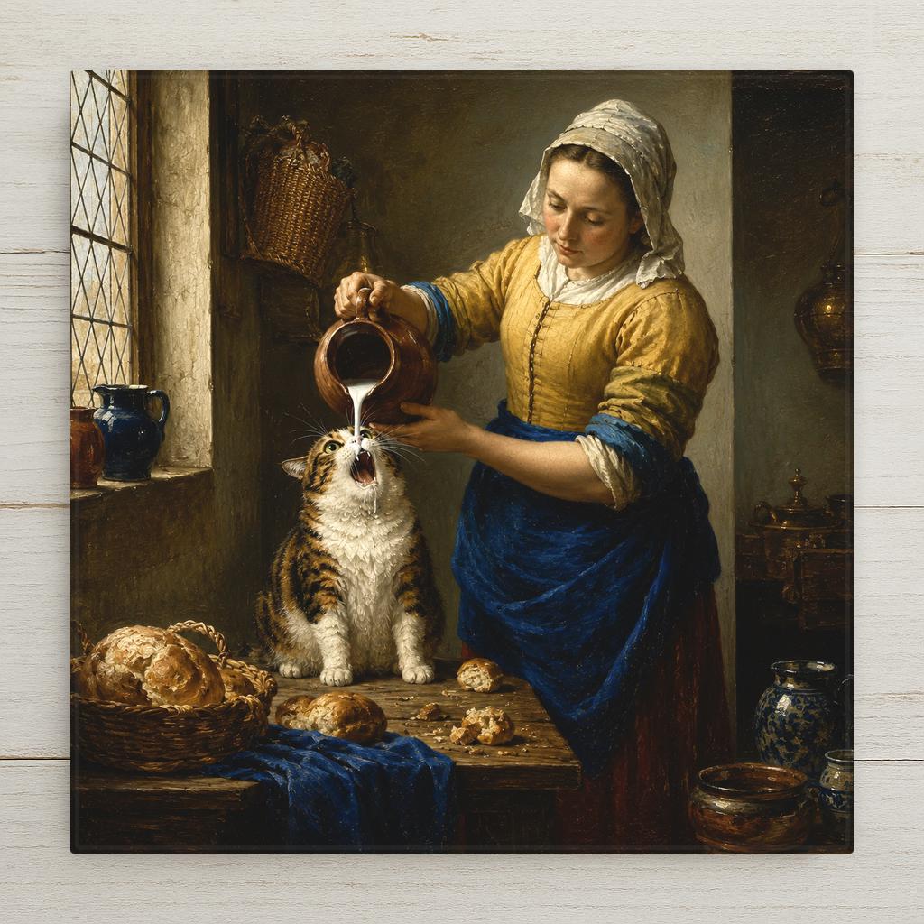 Funny parody of a famous Dutch Golden Age kitchen painting showing a milkmaid pouring milk straight into the open mouth of a plump cat sitting on the table among bread rolls