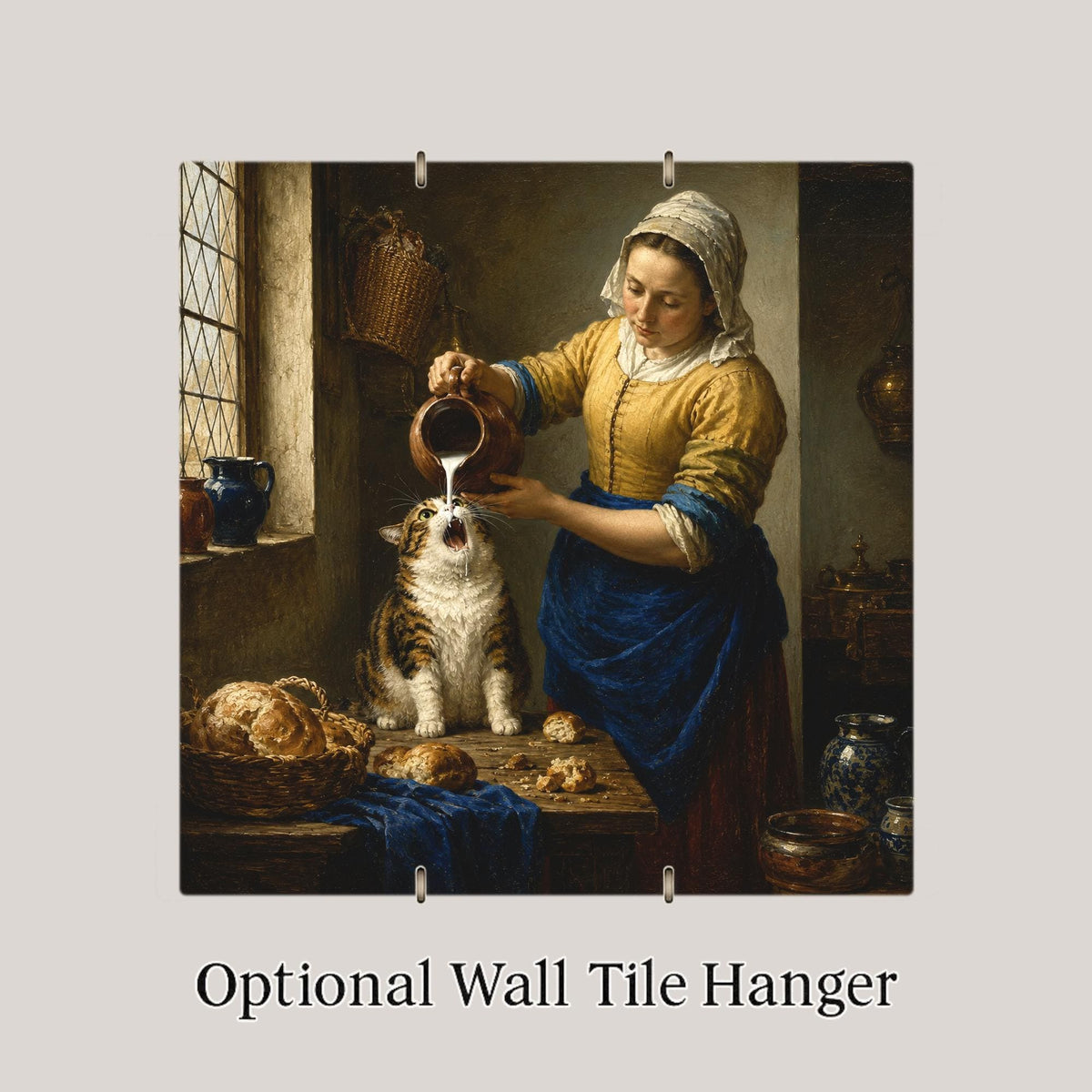 Cat Milkmaid Ceramic Tile Wall Art Famous Painting Parody Funny Kitchen Cat Dutch Golden Age Style Decor