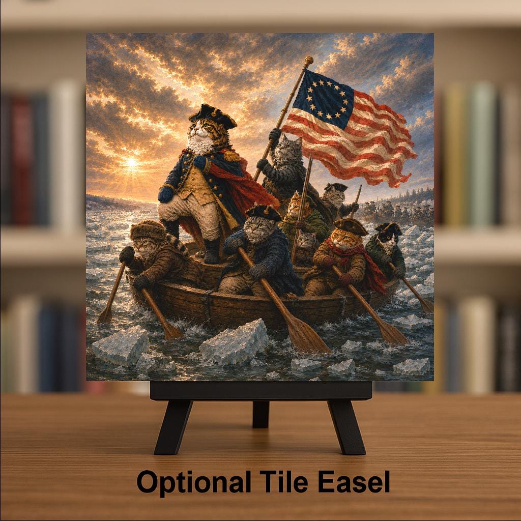 Cat Crossing the Delaware Ceramic Tile Wall Art Famous Painting Parody Funny Patriotic Cat American Flag Decor
