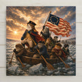 Funny parody of the famous Washington crossing the Delaware painting showing a cat general in a tricorn hat standing in a rowboat full of cats in mittens rowing through icy water under an American flag at dawn