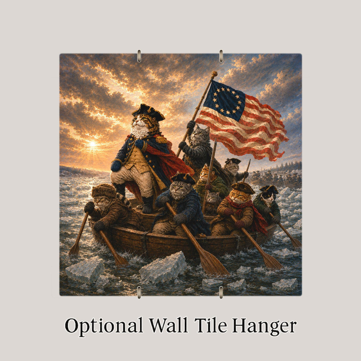 Cat Crossing the Delaware Ceramic Tile Wall Art Famous Painting Parody Funny Patriotic Cat American Flag Decor
