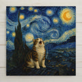 Funny parody of a famous swirling night sky painting showing a plump cat on a village rooftop yowling up at glowing stars and a crescent moon above a sleeping town