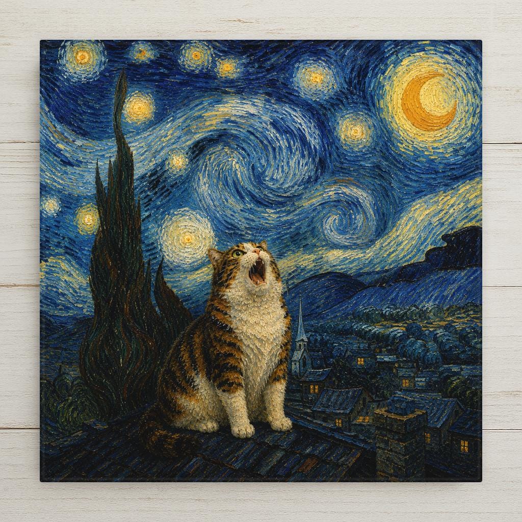 Funny parody of a famous swirling night sky painting showing a plump cat on a village rooftop yowling up at glowing stars and a crescent moon above a sleeping town