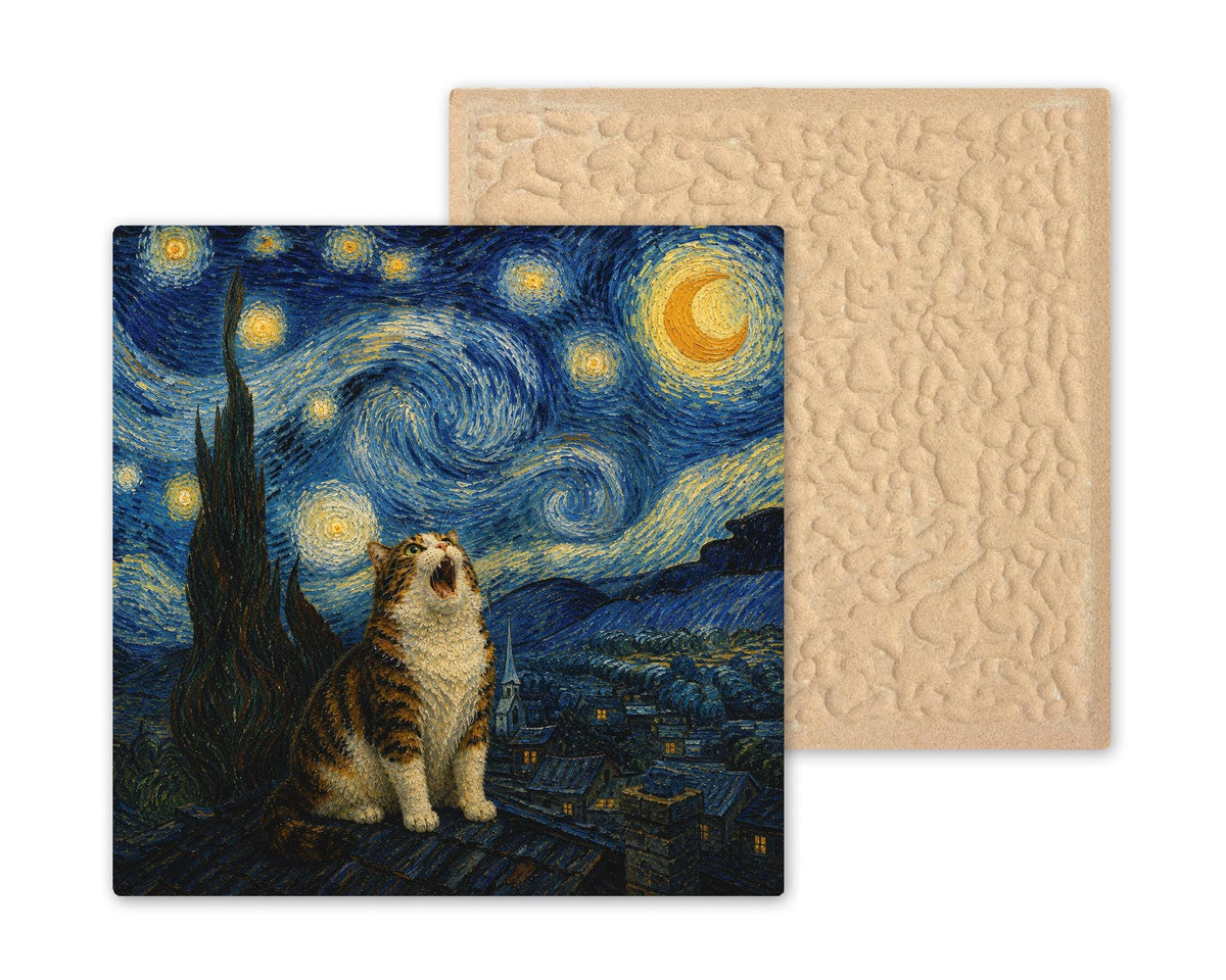 Cat Starry Night Ceramic Tile Wall Art Famous Painting Parody Funny Cat Yowling Moon Swirling Sky Village Decor