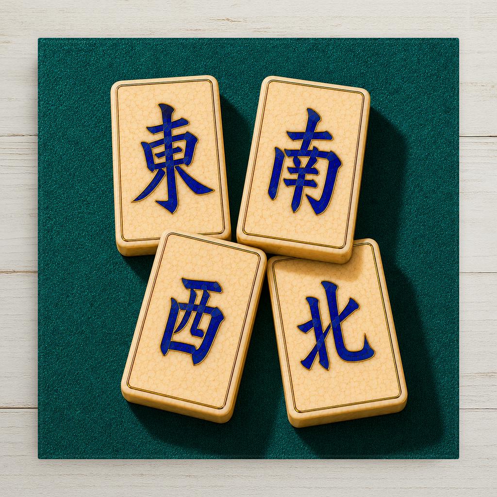 Four mah jongg wind tiles east south west north with deep blue lapis characters set in gold on ivory faces resting on teal felt on a square ceramic art tile
