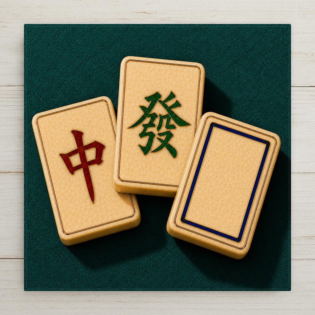 Three mahjong dragon tiles with a red character a green malachite character and a blank white dragon in a blue border on teal felt on a square ceramic art tile