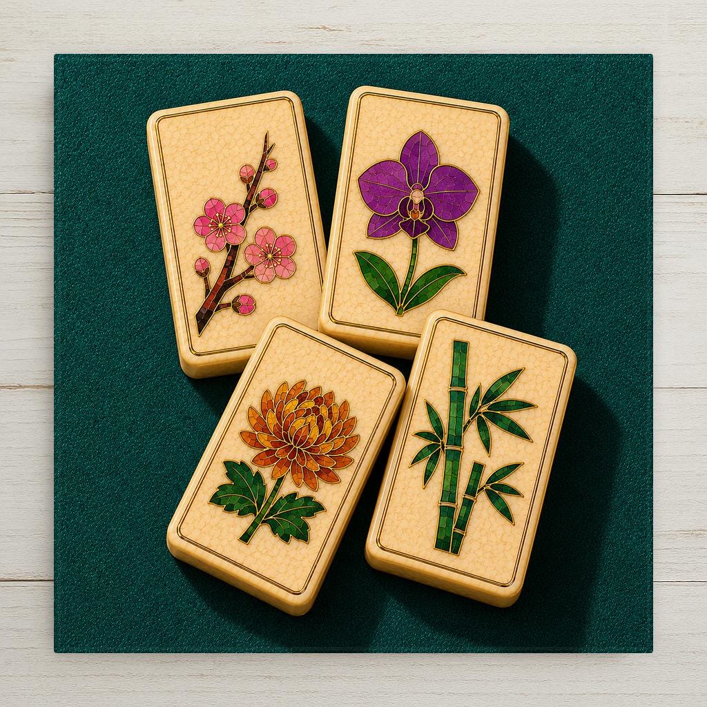Four mahjong flower tiles plum blossom orchid chrysanthemum and bamboo inlaid in coloured stone and gold on teal felt on a square ceramic art tile