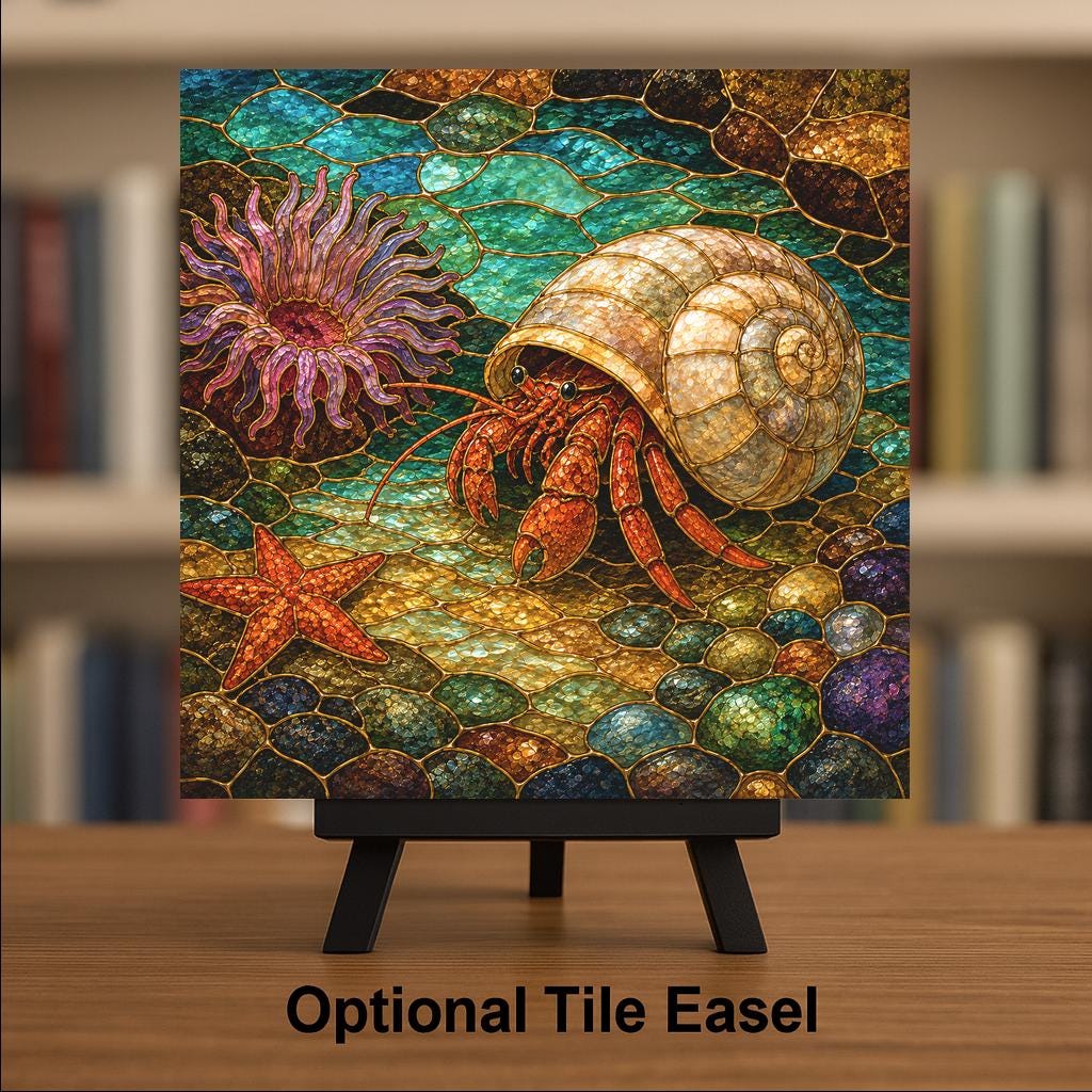Hermit Crab Ceramic Tile Wall Art Stained Glass Style Tide Pool Ocean Anemone Coastal Beach House Decor Art