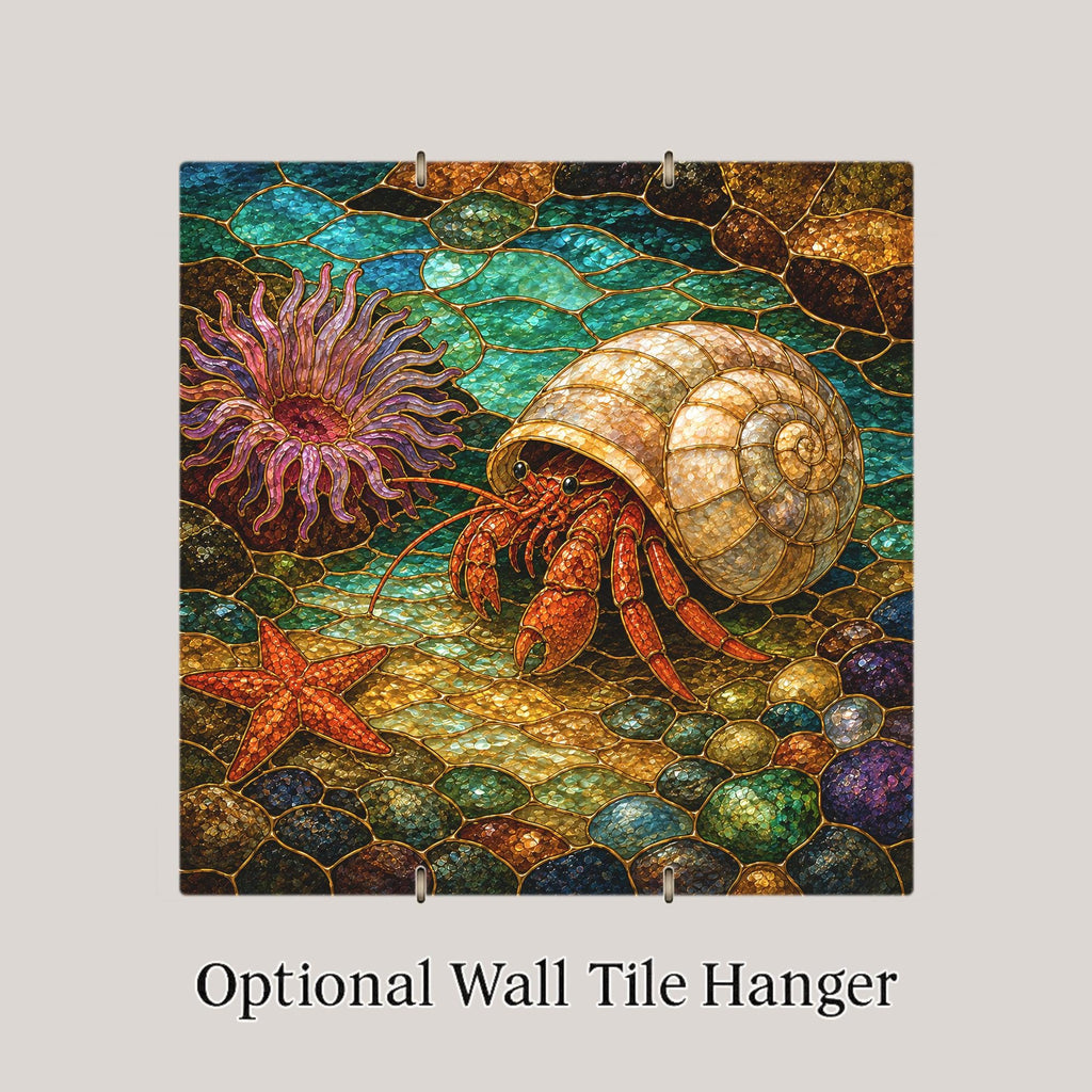 Hermit Crab Ceramic Tile Wall Art Stained Glass Style Tide Pool Ocean Anemone Coastal Beach House Decor Art