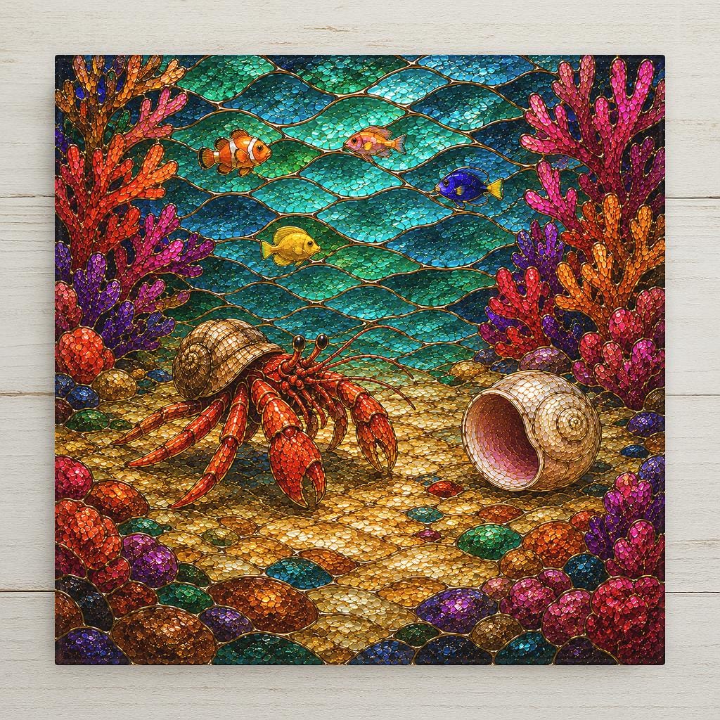 A stained glass hermit crab walking across the sand toward a larger empty pearl shell with pink and magenta coral and four small reef fish in turquoise water on a square ceramic art tile