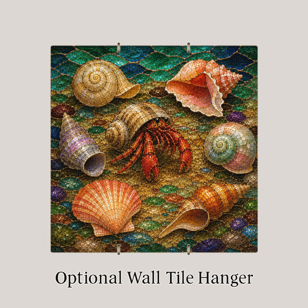 Hermit Crab Ceramic Tile Wall Art Stained Glass Style Seashell Collection Coastal Beach Bathroom Decor Art