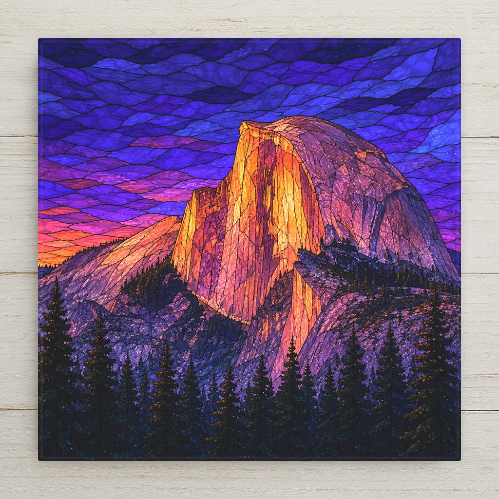 Half Dome Sunset Wall Art Ceramic Tile Stained Glass Style Yosemite National Park Mountain Wall Decor Alpenglow Nature Art