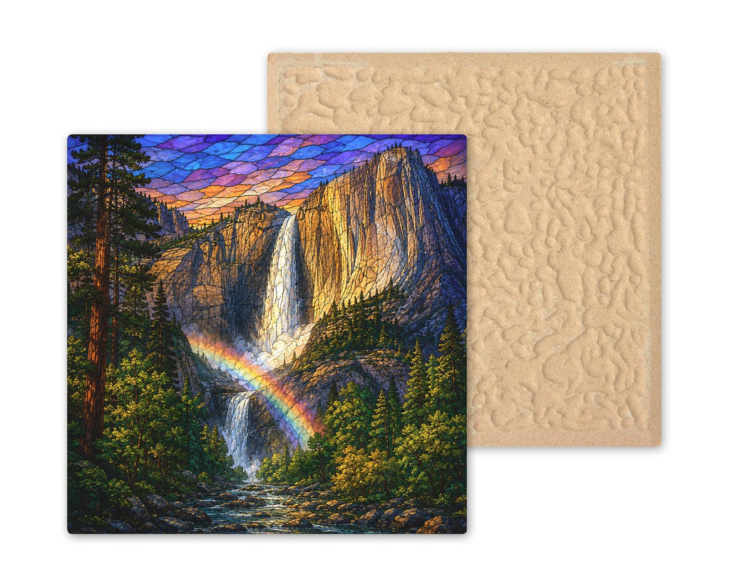 Yosemite Falls Wall Art Ceramic Tile Stained Glass Style Waterfall Rainbow Mist National Park Woodland Decor Nature Art