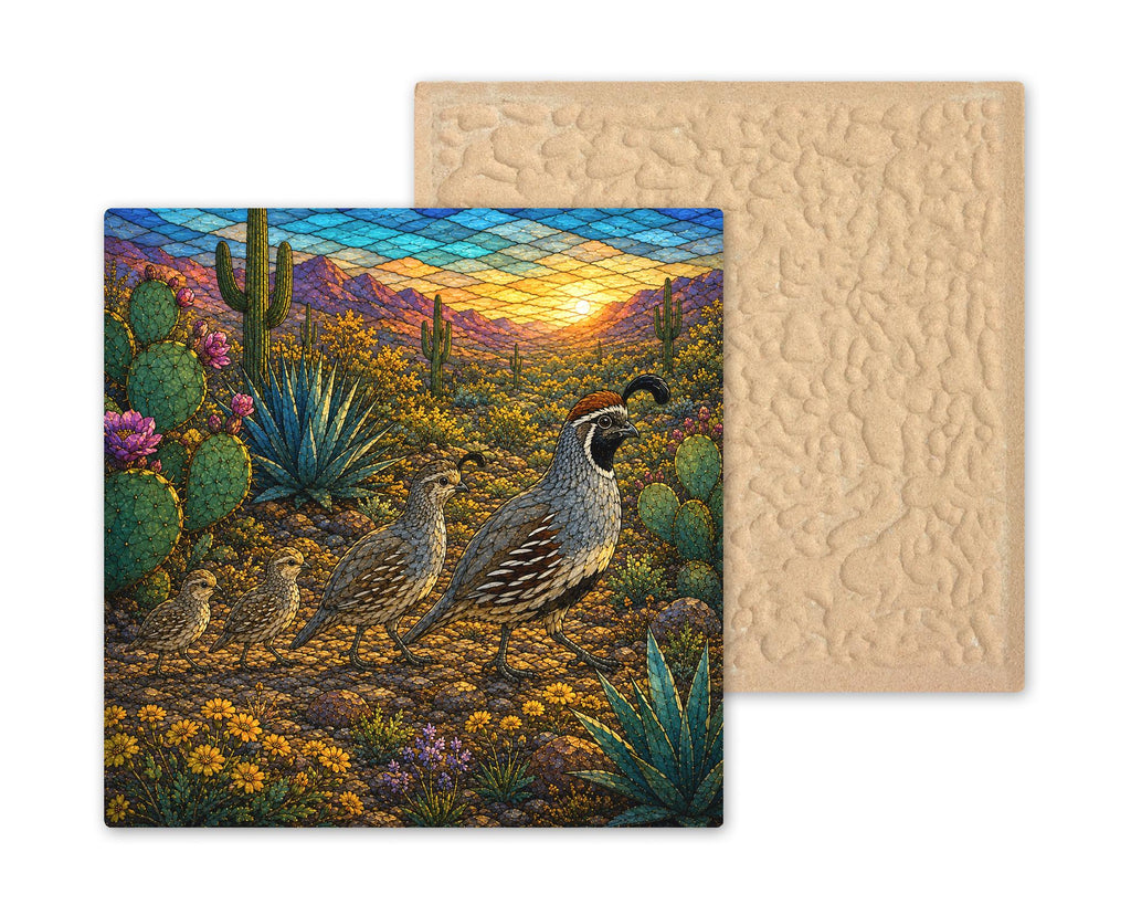 Gambel Quail Family Wall Art Ceramic Tile Stained Glass Style Desert Covey Saguaro Southwest Decor Desert Bird Nature Art