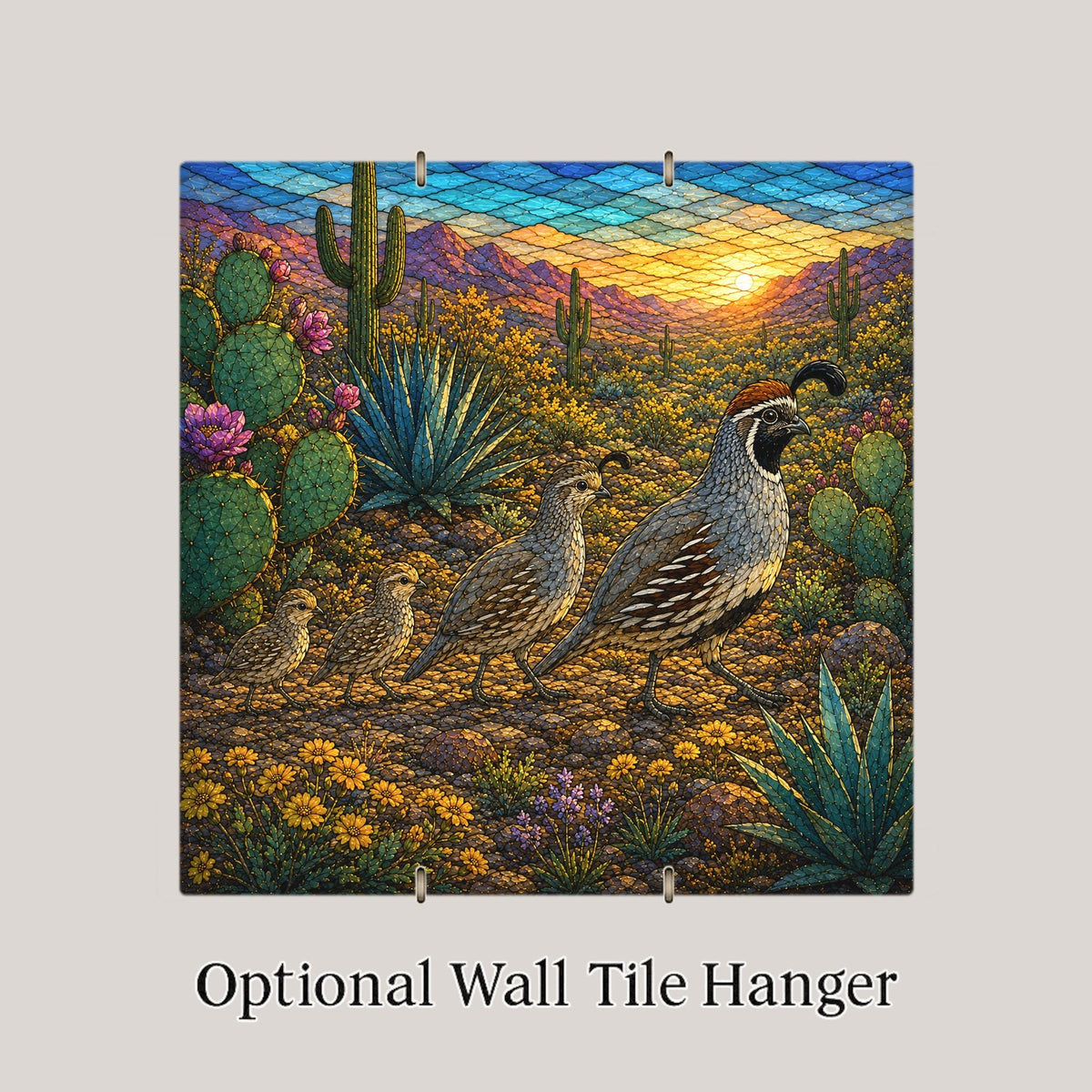 Gambel Quail Family Wall Art Ceramic Tile Stained Glass Style Desert Covey Saguaro Southwest Decor Desert Bird Nature Art