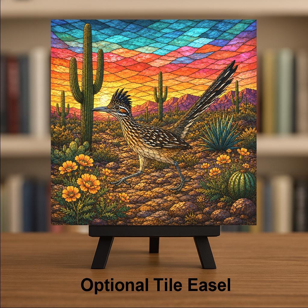 Roadrunner Wall Art Ceramic Tile Stained Glass Style Sonoran Desert Bird Saguaro Cactus Southwest Decor Desert Nature Art