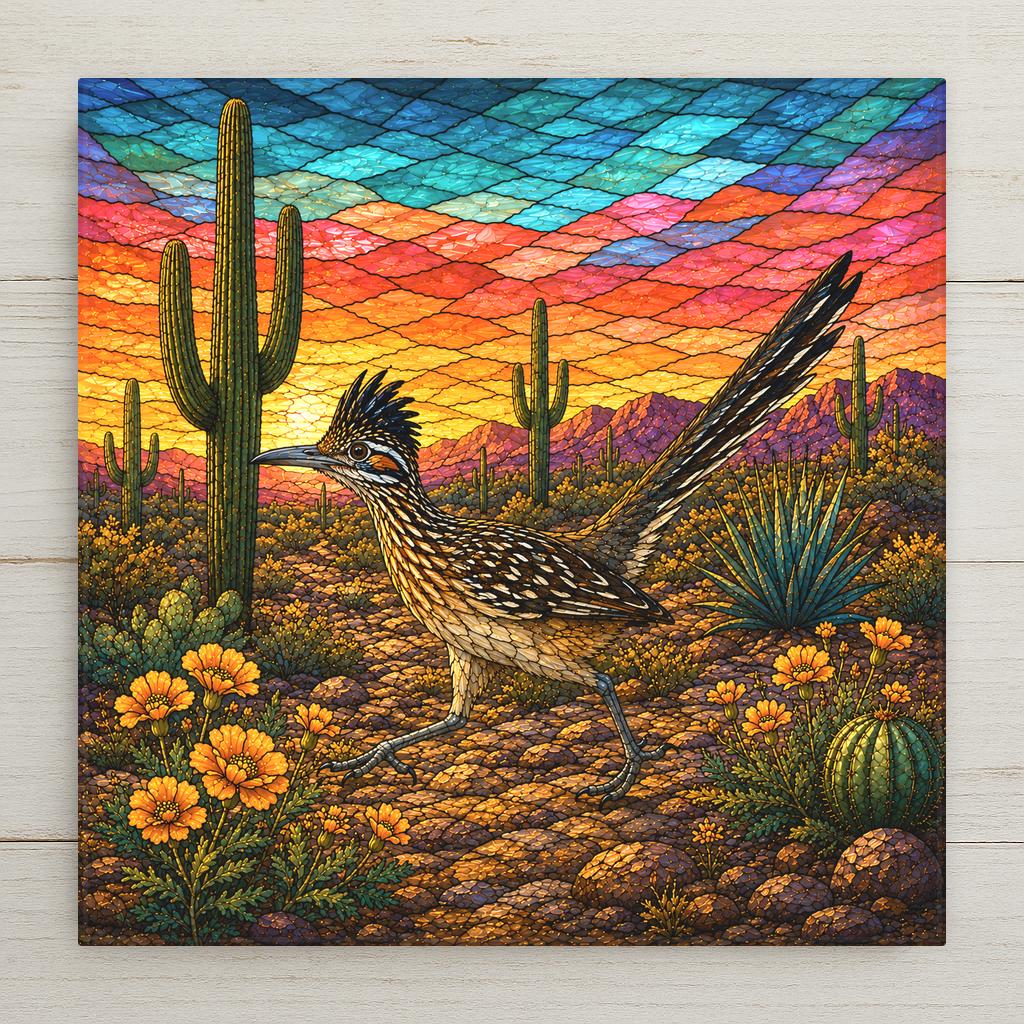 Stained glass style ceramic art tile of a greater roadrunner striding past saguaro cactus and desert marigolds under a turquoise and orange banded Sonoran desert sky