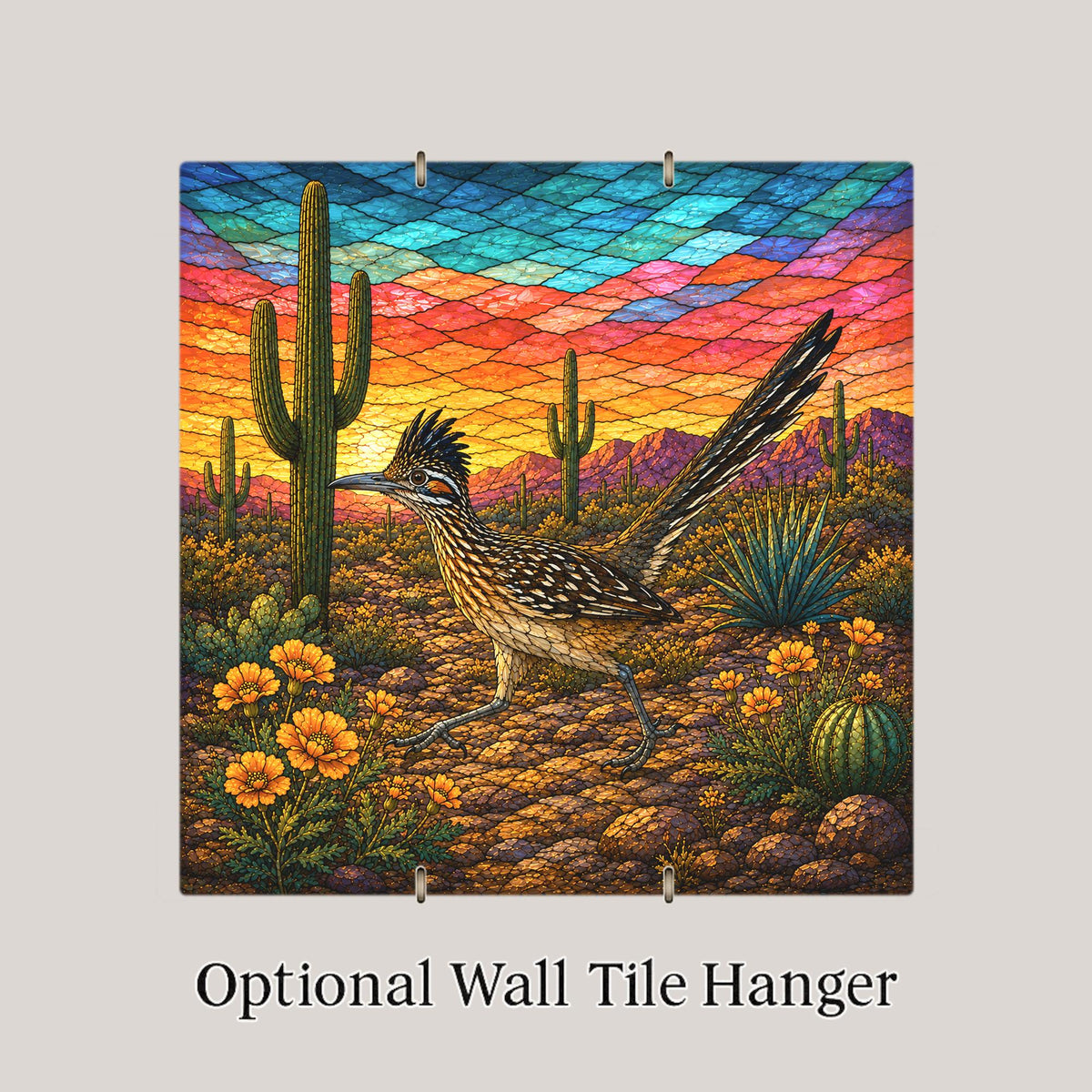 Roadrunner Wall Art Ceramic Tile Stained Glass Style Sonoran Desert Bird Saguaro Cactus Southwest Decor Desert Nature Art