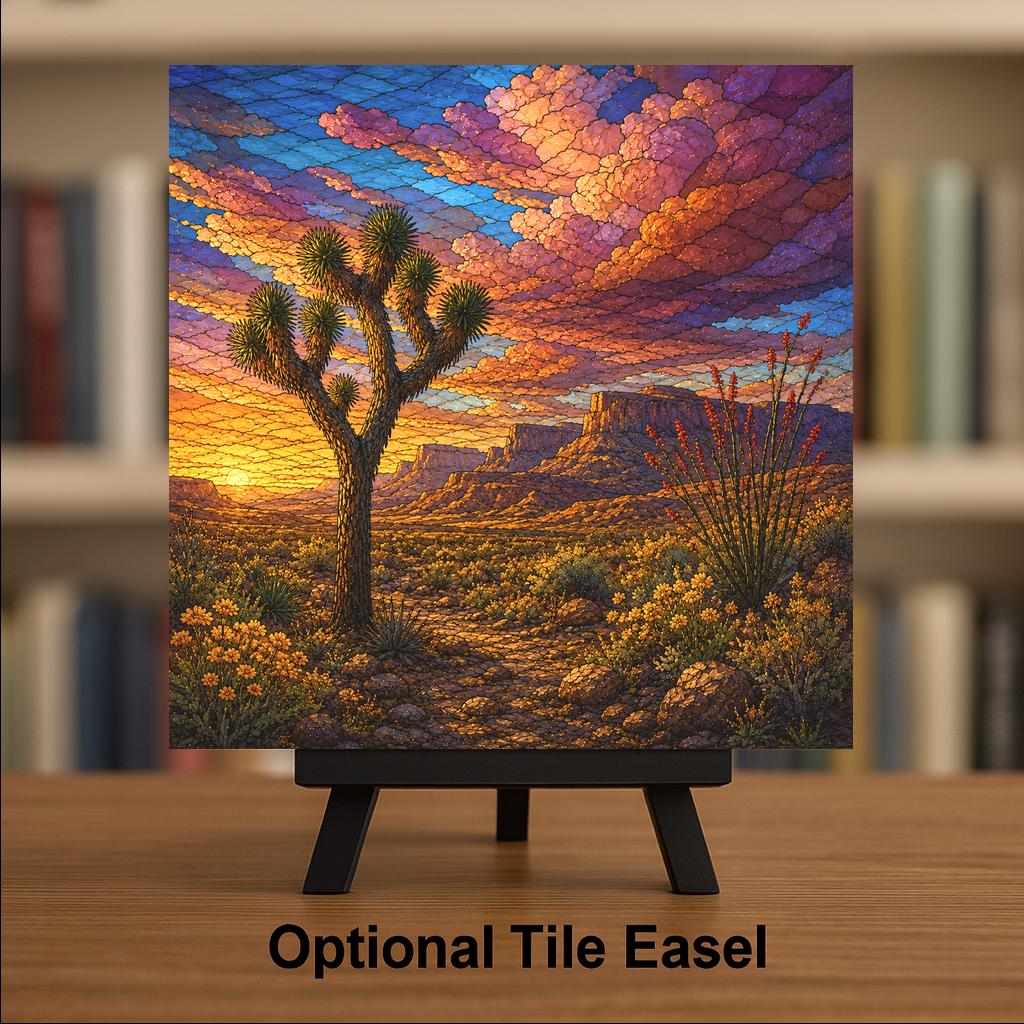 Joshua Tree Wall Art Ceramic Tile Stained Glass Style Desert Sunset Ocotillo Mesa Landscape Cabin Decor Desert Nature Art